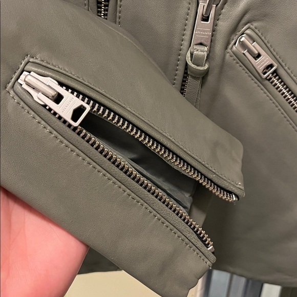 ALL SAINTS Darnley Slim Fit Biker olive/Sage green 100% Lamb Leather Jacket- 6 - Picture 13 of 16
